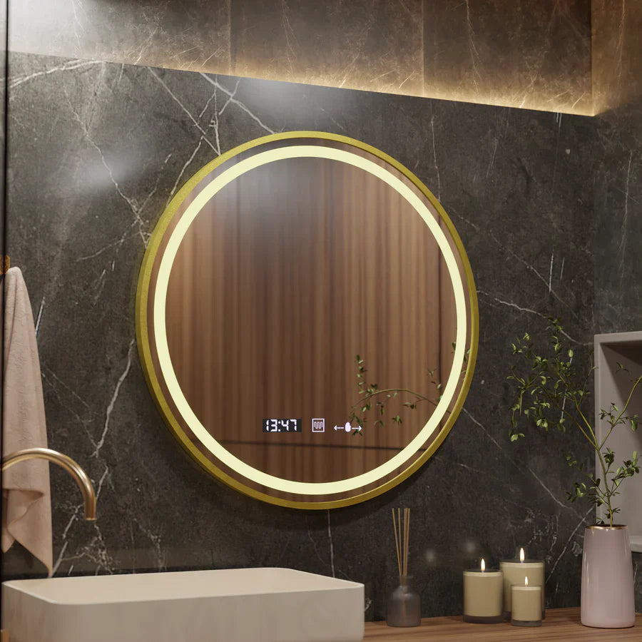 Oglinda LED Rotunda, 60cm, Celeste Royale Gold Eleve MotionGlow Marcello, Sistem Dezaburire, Ceas & Termometru, Dimabila, Curea Detasabila