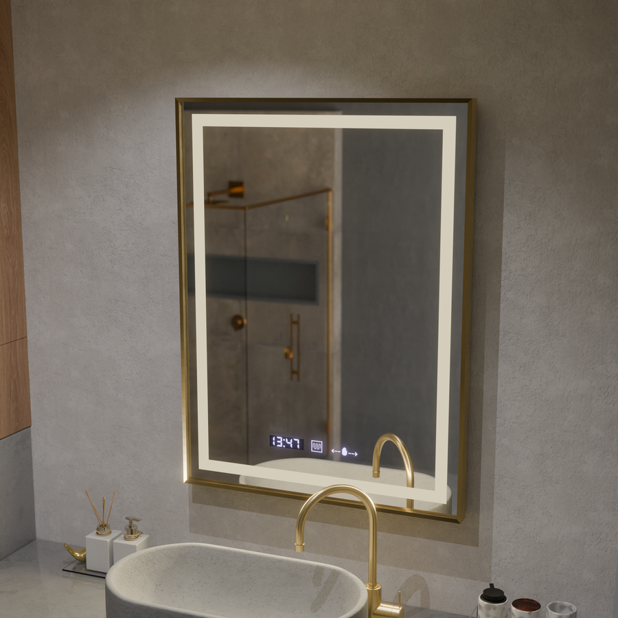 Oglinda LED Rectangulara, 60x80cm, Verite Royale Gold MotionGlow Marcello, Sistem Dezaburire, Ceas & Termometru, Dimabila