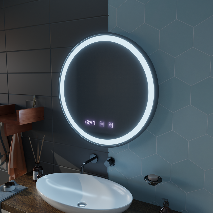 Oglinda LED Touch NOVARA Sistem Dezaburire, Ceas si Temperatura 90 cm Rama Negru Brushed