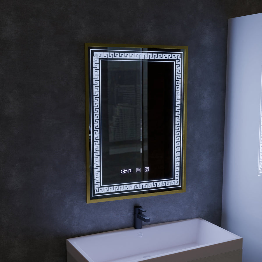 Oglinda LED Touch Bruno Sistem Dezaburire, Ceas si Temperatura 60x80 cm Rama Auriu Brushed, S84/60X80