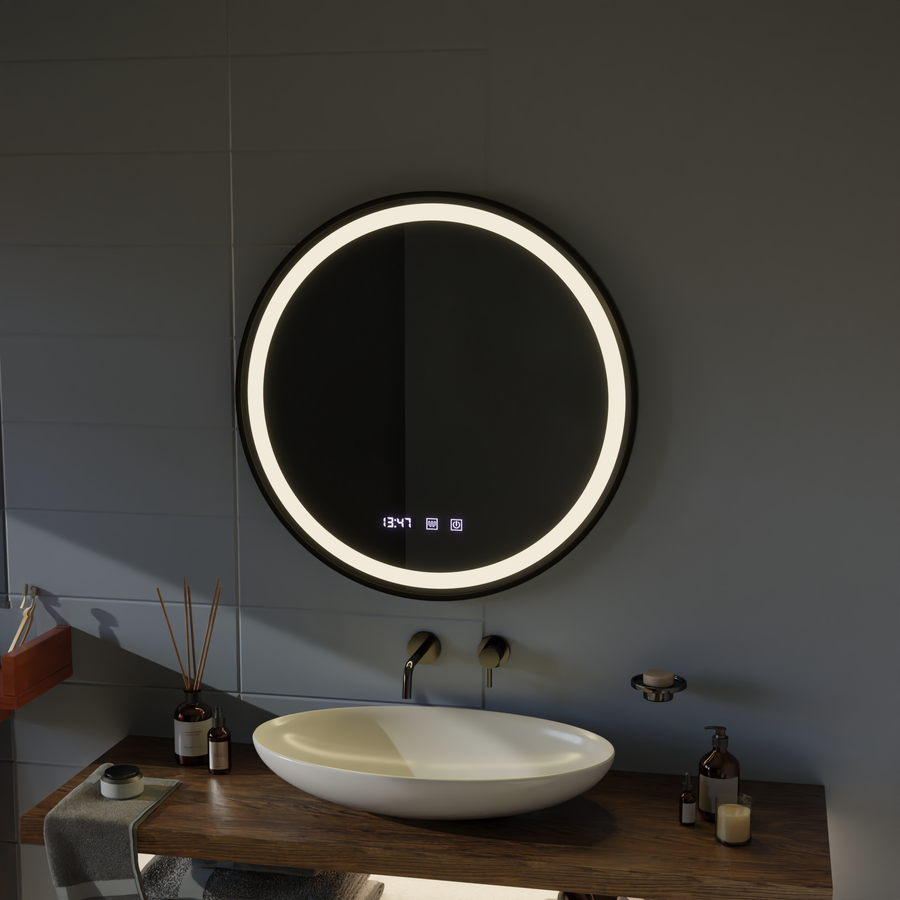 Oglinda LED Touch NOVARA Sistem Dezaburire, Ceas si Temperatura 50 cm Rama Negru Brushed