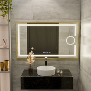 Oglinda LED Rectangulara, 110x65cm, Eclat MotionGlow Marcello, Sistem Dezaburire, Ceas & Termometru, Lupa Cosmetica, Dimabila, Rama Auriu Brushed