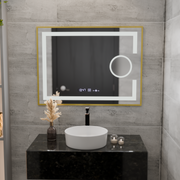 Oglinda LED Rectangulara, 80x60cm, Eclat MotionGlow Marcello, Sistem Dezaburire, Ceas & Termometru, Lupa Cosmetica, Dimabila, Rama Auriu Brushed