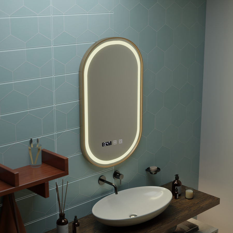 Oglinda LED Touch Konrad Sistem Dezaburire, Ceas si Temperatura 50x80 cm Rama Auriu Brushed, Lumina Calda Neutra Rece 3000K/4000K/6000K