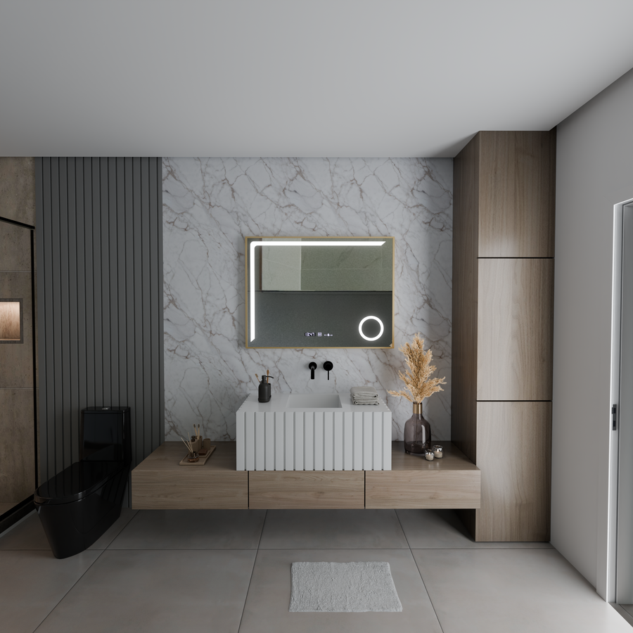 Oglinda LED Senzor MotionGlow Rosalia 80x60 cm Lumina Calda/Rece/Neutra Dimabila Sistem Dezaburire Termometru Ceas Colectia Marcello Funghi