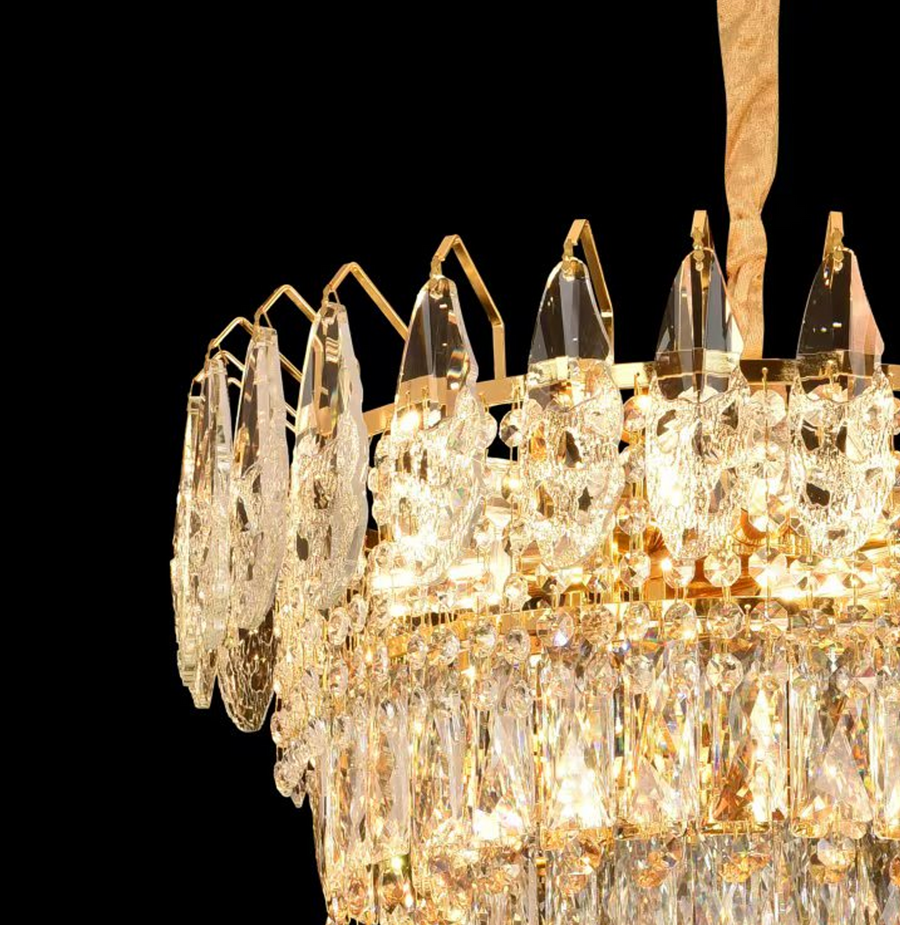 Candelabru Cristal MAJESTIC Eleganza 9x E14, Diametru 50cm, Auriu Lucios, Inaltime Reglabila