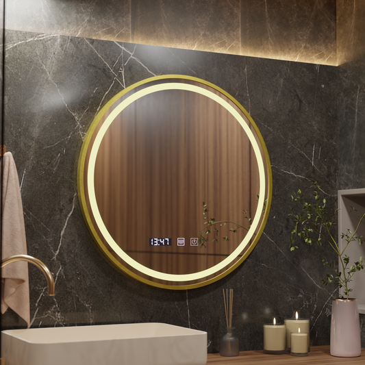Oglinda LED Touch LUSSO, Sistem Dezaburire, Ceas si Temperatura, Diametru 60cm, Rama Auriu Brushed, Lumina Calda Rece Neutra 3000K/4500K/6000K, Dimabila