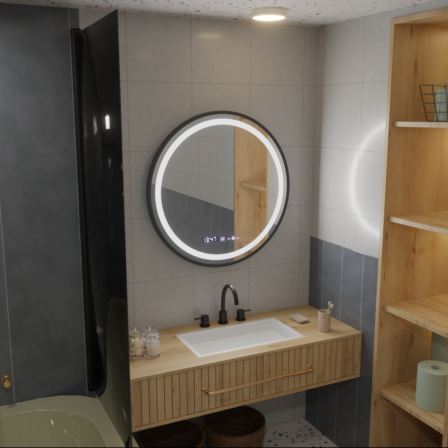 Oglinda LED Rotunda, 70cm, Celeste Majeste Noir MotionGlow Marcello, Sistem Dezaburire, Ceas & Termometru, Dimabila