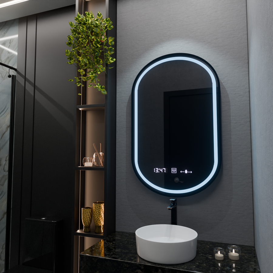 Oglinda LED Ovala, 50x90cm, Alessia MotionGlow Marcello, Sistem Dezaburire, Ceas & Termometru, Dimabila