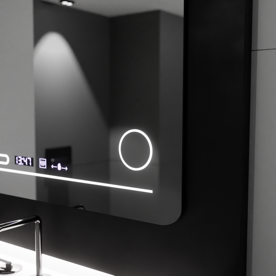 Oglinda LED Rectangulara, 80x60cm, Harmonie MotionGlow Marcello, Sistem Dezaburire, Termometru si Ceas, Lupa Cosmetica, Dimabila