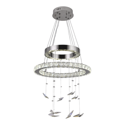 Lustra LED suspendata cu telecomanda si cristal 36W, 2 Cercuri, lumina Rece/Calda/Neutra, Dimabila, Crom Lucios, Inaltime Reglabila