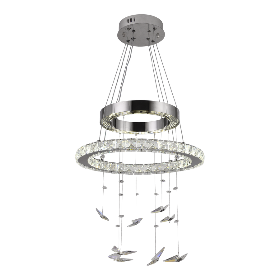 Lustra LED suspendata cu telecomanda si cristal 36W, 2 Cercuri, lumina Rece/Calda/Neutra, Dimabila, Crom Lucios, Inaltime Reglabila