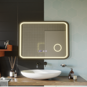 Oglinda LED Touch Bernd Sistem Dezaburire, Ceas si Temperatura 80x60 cm Rama Negru Brushed Lupa Cosmetica