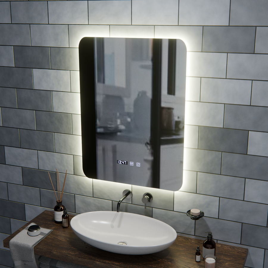 Oglinda LED Dreptunghiulara ARTAR Touch, 60X80cm, Sistem Dezaburire, Dimabila, Ceas si Temperatura, Lumina Calda Neutra Rece 3000K/4000K/6000K