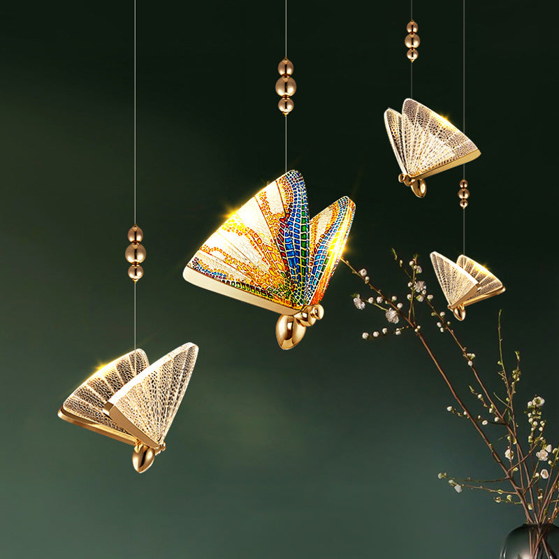 Lustră Suspendată LED Acril Butterfly 9W, Lumina Calda/Neutra/Rece 3000K/4000K/6000K, Auriu, Metal și Acril, Inaltime Reglabila