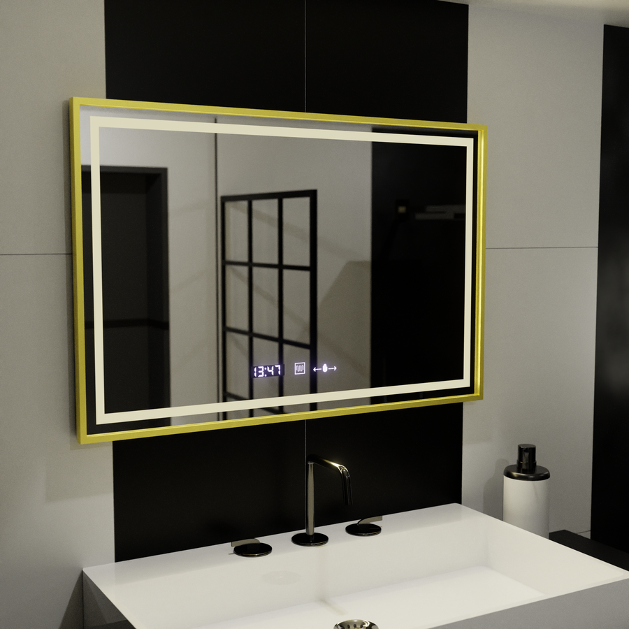 Oglinda LED Rectangulara, 100x65cm, Verite Royale Gold Motion Glow Marcello, Sistem Dezaburire, Ceas & Termometru, Dimabila