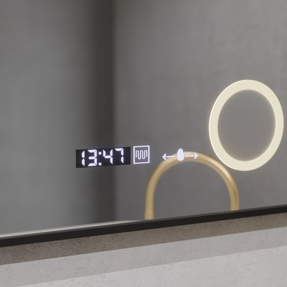 Oglinda LED Senzor MotionGlow Francesca 60x80 cm Lumina Calda/Rece/Neutra Dimabila Rama Negru Brushed Sistem Dezaburire Termometru Ceas Colectia Marcello Funghi