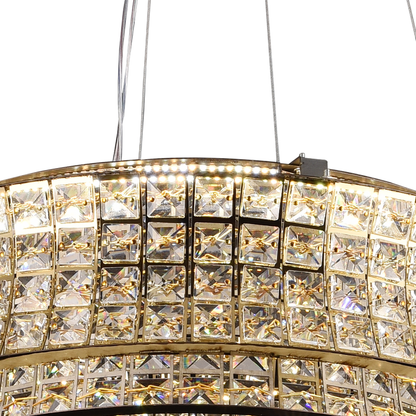 Lustra LED cu Telecomanda,LLC160/500GD, Cristal si Metal, 55W, Dimabila, Inaltime Reglabila, Lumina Rece/Calda/Neutra, Iluminat Luxos