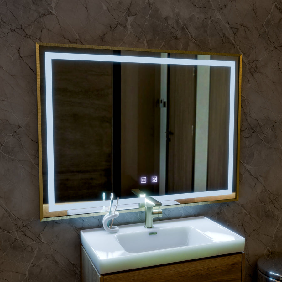 Oglinda LED Touch Kariri, 80x60 cm, functie Dezaburire, Rama Gold Rose Brushed