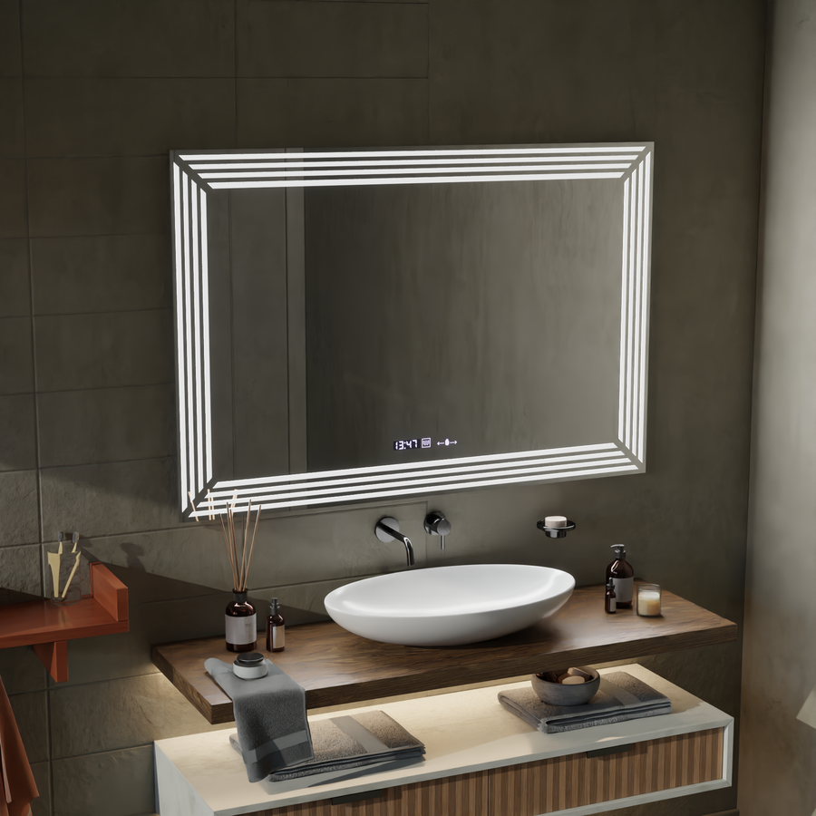 Oglinda LED Rectangulara, 80x60cm, Venezia Senzor MotionGlow Marcello, Sistem Dezaburire, Ceas & Termometru, Dimabila
