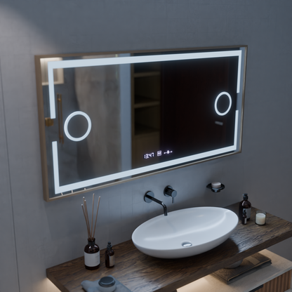 Oglinda LED Senzor MotionGlow Isabell cu functie Dezaburire Termometru Ceas 120x80 cm Lumina Calda/Rece/Neutra Dimabila, Rama Rose Gold Brushed, Colectia Marcello Funghi
