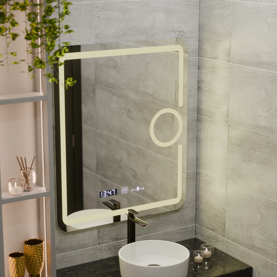 Oglinda LED Rectangulara, 75x90cm, Eclat MotionGlow Marcello, Sistem Dezaburire, Ceas & Termometru, Lupa Cosmetica, Dimabila