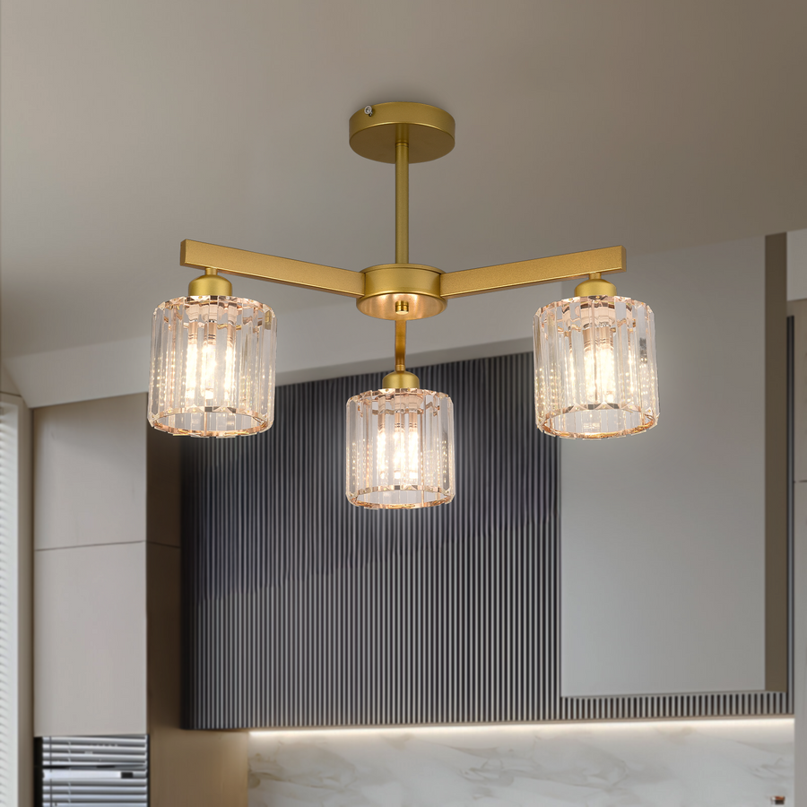 Lustra Clasica Moderna LC110/3GD cu Cristal,  3x E27, Auriu, Metal si Cristal