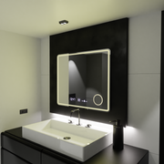 Oglinda LED Rectangulara, 90x75cm, Riflesso MotionGlow Marcello, Sistem Dezaburire, Ceas & Termometru, Lupa Cosmetica, Dimabila