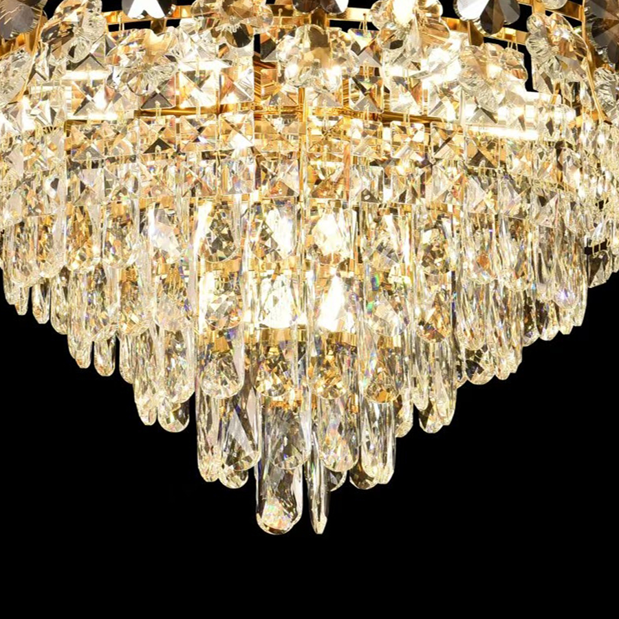 Candelabru Cristal FLORENCE Eleganza 9x E14, Diametru 50cm, Auriu Lucios, Inaltime Reglabila