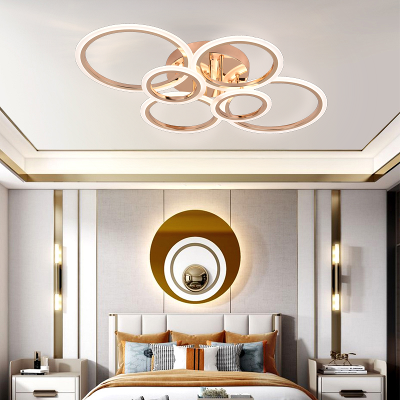 Lustra LED cu telecomanda BETTY 81W, 6 Cercuri, lumina Rece/Calda/Neutra, Dimabila, Auriu Lucios