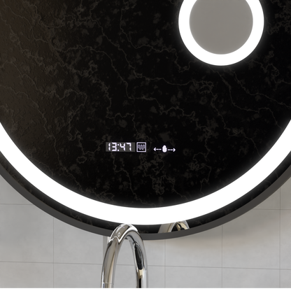 Oglinda LED Rotunda, 60cm, Micah Senzor MotionGlow Marcello, Sistem Dezaburire, Ceas & Termometru, Lupa Cosmetica, Dimabila