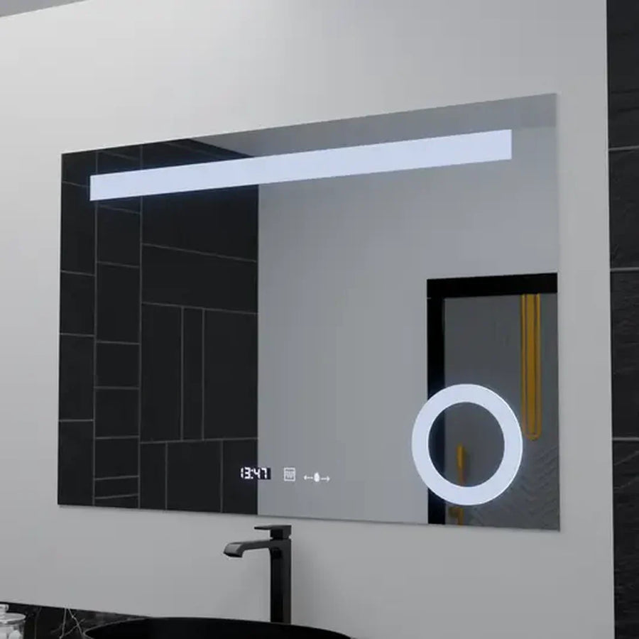 Oglinda LED Rectangulara, 80x60cm, ABSOLU MotionGlow Marcello, Sistem Dezaburire, Ceas & Termometru, Lupa Cosmetica, Dimabila