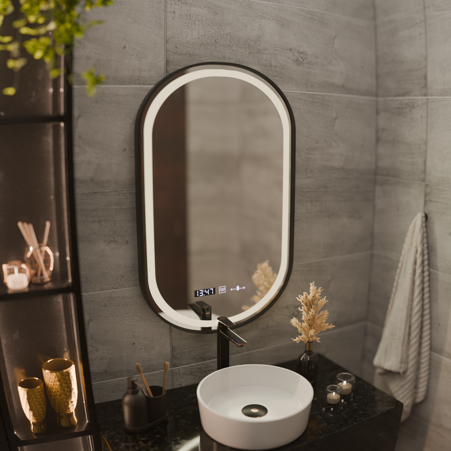 Oglinda LED Touch Helmut Sistem Dezaburire, Ceas si Temperatura 50x90 cm Rama Negru Brushed Marcello Funghi