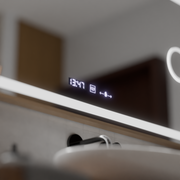 Oglinda LED Senzor MotionGlow Sofia cu functie Dezaburire Termometru Ceas 110x65 cm Lumina Calda/Rece/Neutra Dimabila,Rama Rose Gold, Colectia Marcello Funghi