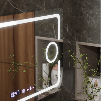 Oglinda LED Rectangulara, 120x80cm, Eclat MotionGlow Marcello, Sistem Dezaburire, Ceas & Termometru, Lupa Cosmetica, Dimabila