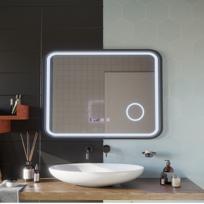 Oglinda LED Touch Bernd Sistem Dezaburire, Ceas si Temperatura 80x60 cm Rama Negru Brushed Lupa Cosmetica