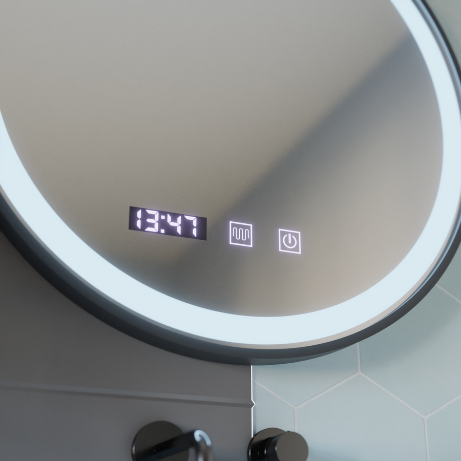 Oglinda LED Touch NOVARA Sistem Dezaburire, Ceas si Temperatura 80 cm Rama Negru Brushed