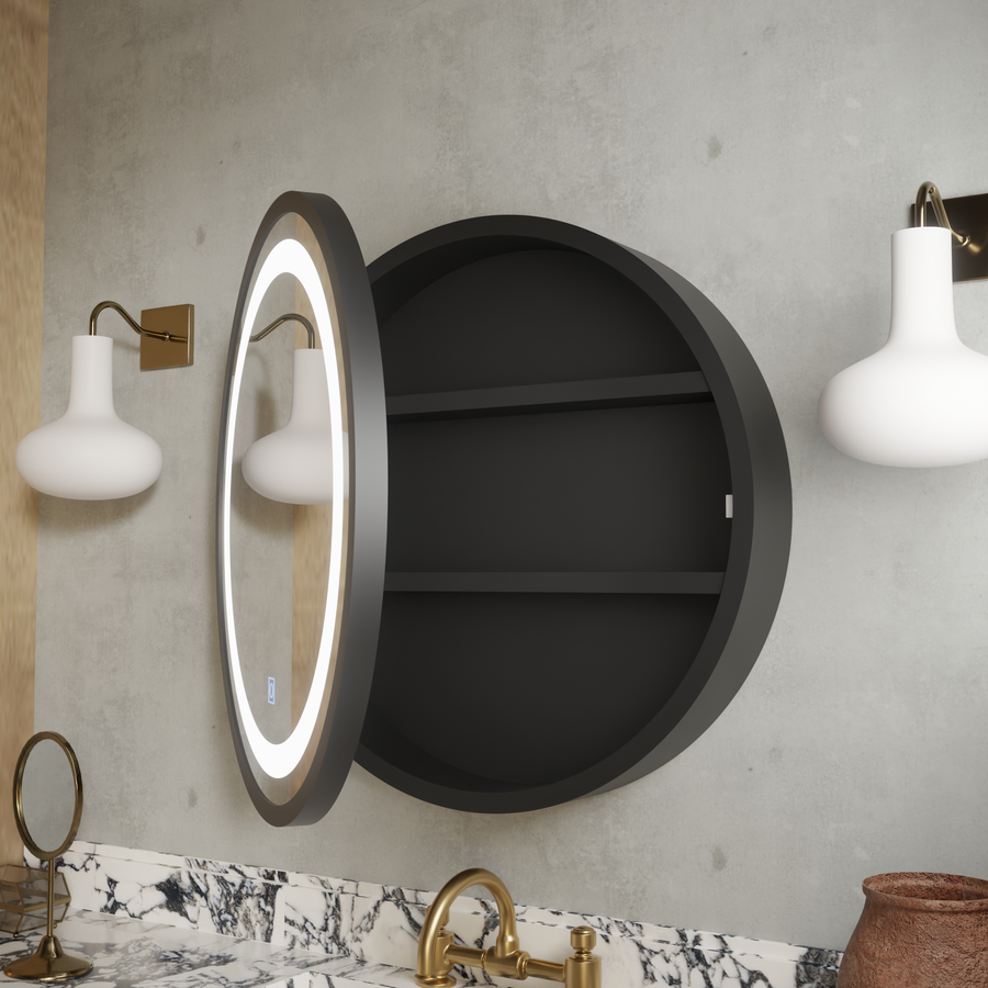 Oglinda LED cu Dulap, Rotunda, 50x50cm, Dezaburire, Rama Neagra, Spatiu de Depozitare