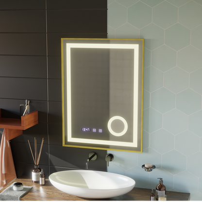 Oglinda LED Touch CLARUS Sistem Dezaburire, Ceas si Temperatura 60x80 cm Rama Auriu Brushed Lupa Cosmetica