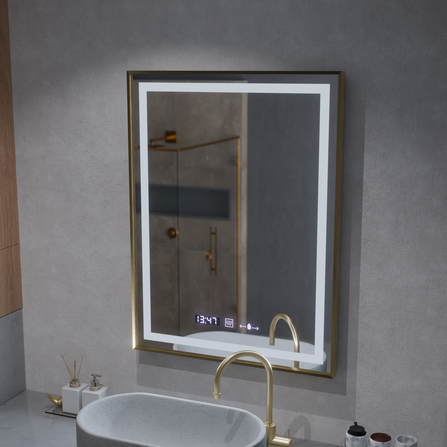 Oglinda LED Rectangulara, 60x80cm, Verite Royale Gold MotionGlow Marcello, Sistem Dezaburire, Ceas & Termometru, Dimabila