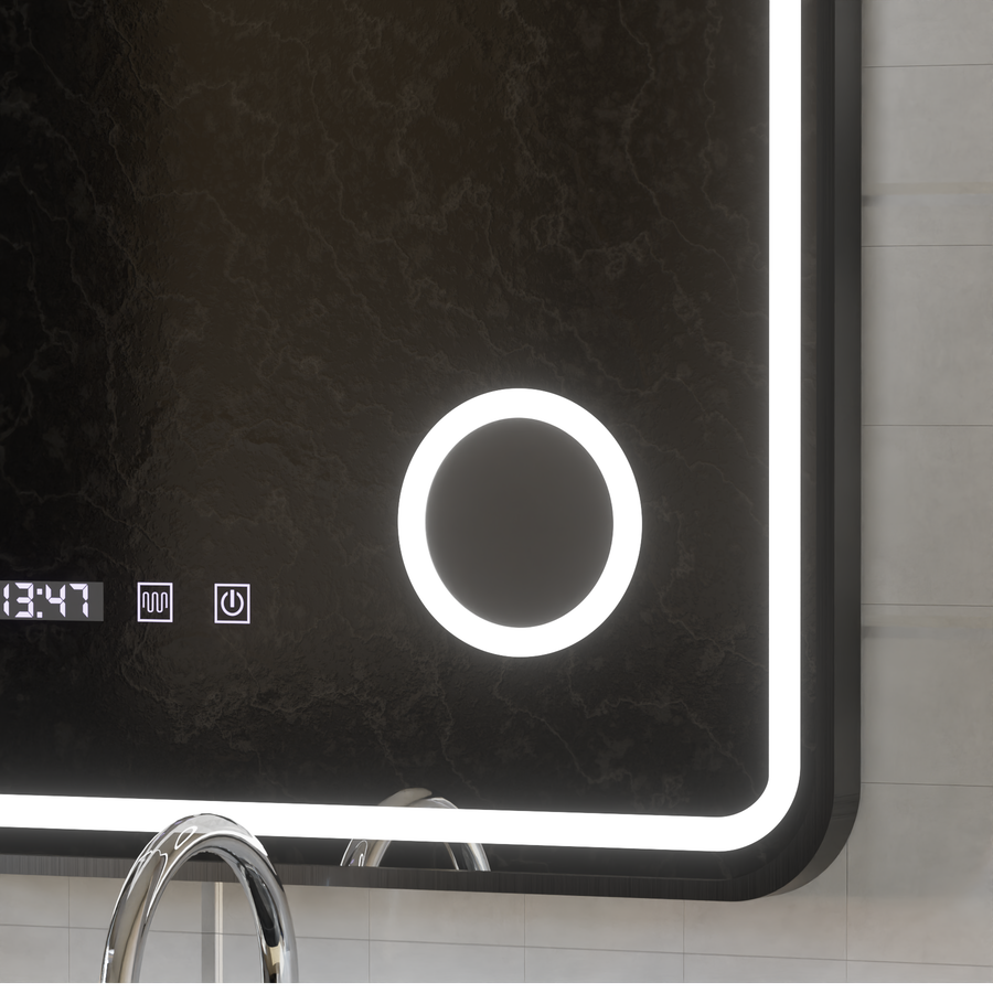 Oglinda LED Touch Ulrich Sistem Dezaburire, Ceas si Temperatura 75x90 cm Rama Negru Brushed Lupa Cosmetica