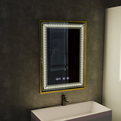 Oglinda LED Touch Bruno Sistem Dezaburire, Ceas si Temperatura 60x80 cm Rama Auriu Brushed, S84/60X80