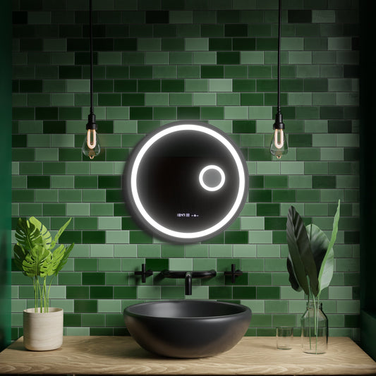 Oglinda LED Rotunda, 60cm, Micah Senzor MotionGlow Marcello, Sistem Dezaburire, Ceas & Termometru, Lupa Cosmetica, Dimabila
