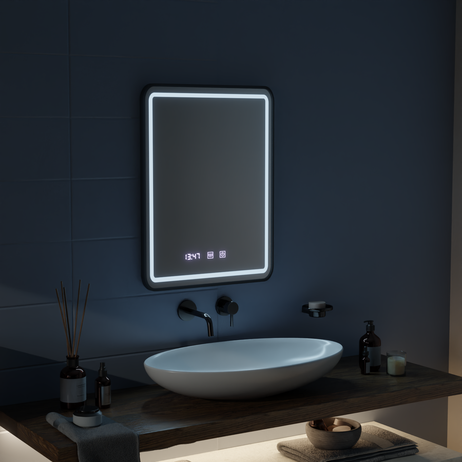 Oglinda LED Touch LUCIDA Sistem Dezaburire, Ceas si Temperatura 60x80 cm Rama Negru Brushed