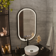 Oglinda LED Touch Helmut, Sistem Dezaburire, Ceas si Temperatura 45x90 cm, Rama Negru, Brushed Marcello Funghi
