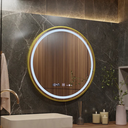 Oglinda LED Rotunda, 60cm, Celeste Royale Gold Eleve MotionGlow Marcello, Sistem Dezaburire, Ceas & Termometru, Dimabila, Curea Detasabila