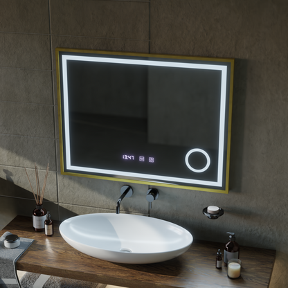 Oglinda LED Touch CLARUS Sistem Dezaburire, Ceas si Temperatura 80x60 cm Rama Auriu Brushed Lupa Cosmetica