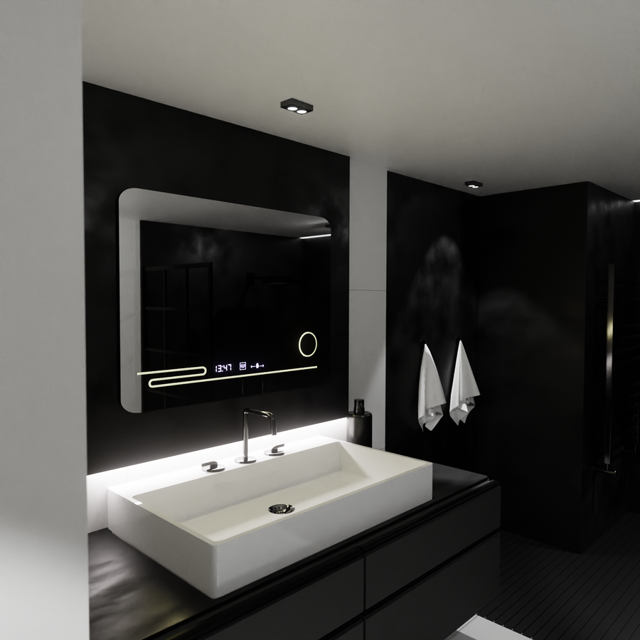 Oglinda LED Rectangulara, 80x60cm, Harmonie MotionGlow Marcello, Sistem Dezaburire, Termometru si Ceas, Lupa Cosmetica, Dimabila