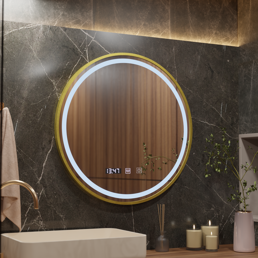 Oglinda LED Touch LUSSO Sistem Dezaburire, Ceas si Temperatura, 50 cm, rama Auriu Brushed