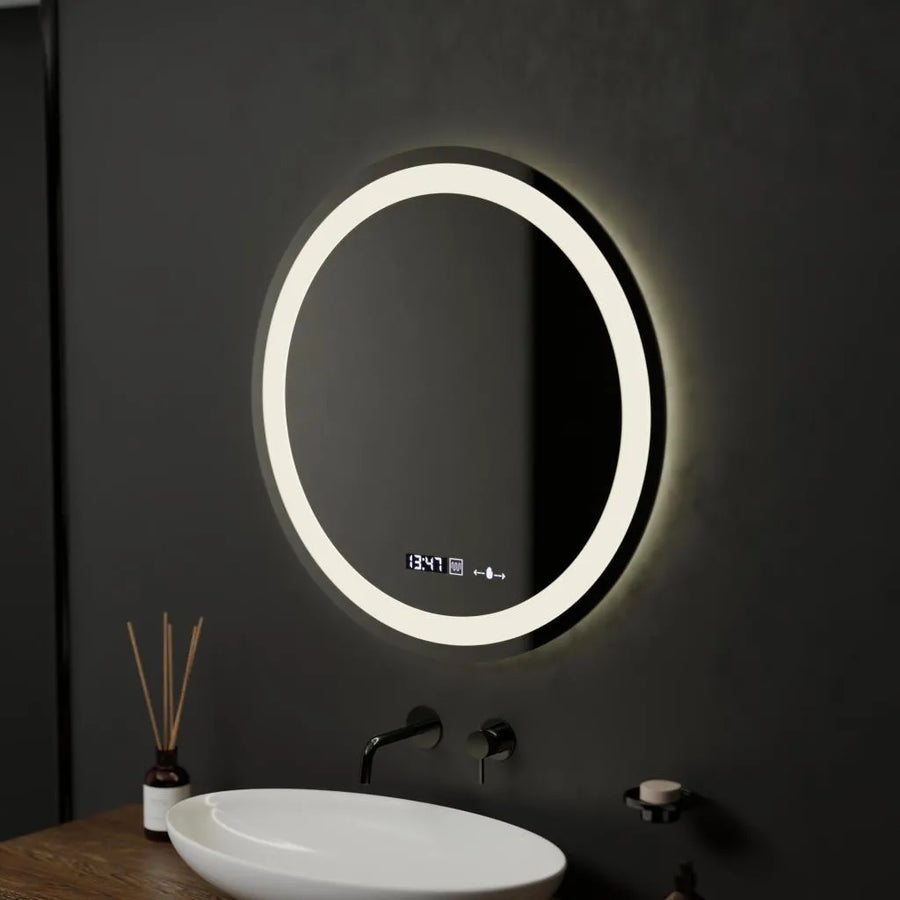 Oglinda LED Rotunda, 60cm, Celeste MotionGlow Marcello, Sistem Dezaburire, Ceas & Termometru, Dimabila, Lumina Calda Neutra Rece 3000K/4000K/6000K